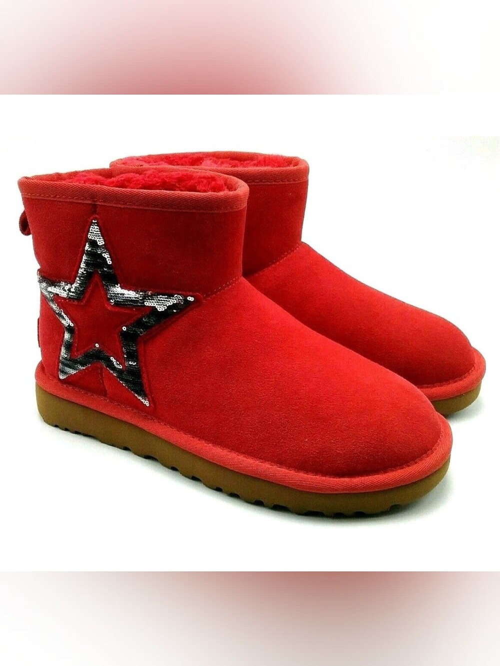 UGG Red Classic Mini Sequin Star Sparkly Ribbon Boot - Size 7